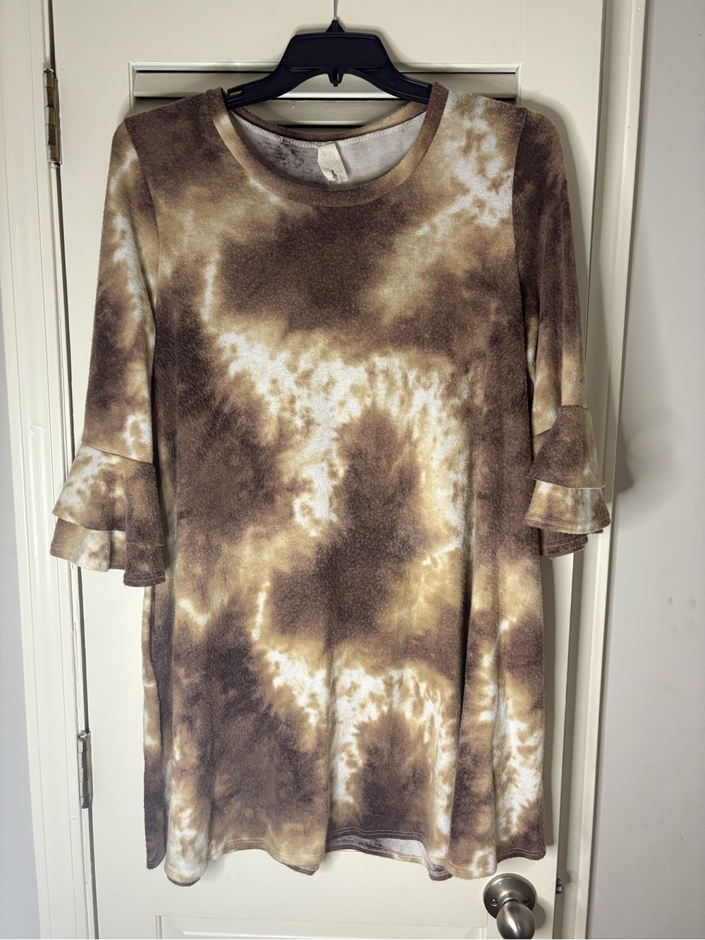 Brown Tie-Dye Ruffle Sleeve Women's Dress